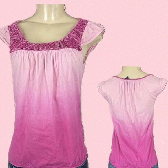 Lucky Brand XS Pink Ombre Chiffon Detail Neck Elastic Band Hem Cap Sleeve Blouse - Picture 1 of 6